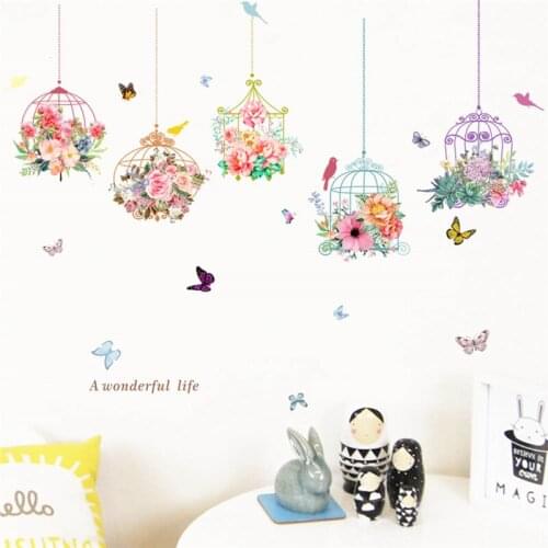 Colorful Birds Cage With Flower Butterfly Wall Stickers For Shop Office Home Decor Girls Room Wall Art Decals Pvc Posters