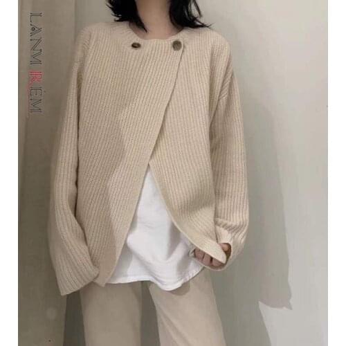 LANMREM 2021 Autumn New Two-button Kintted Cardigan Women Loose-fitting Female Solid Color Irregular Sweater Coats Fashion 2W328
