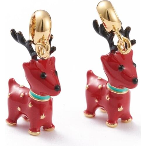 Brass Enamel European Dangle Elk Beads Dangle Links Large Hole Pendants For Christmas Jewelry Making DIY Earring Accessories