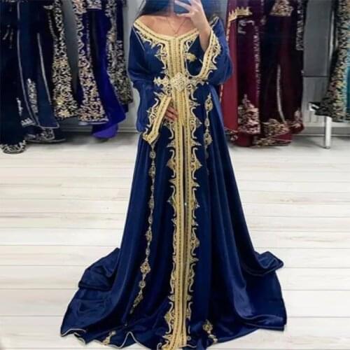 Moroccan Kaftan Evening Dress Off Shoulder Appliques Long Sleeves Muslim Dubai Saudi Arabic Special Occasion Dresses Prom Gown