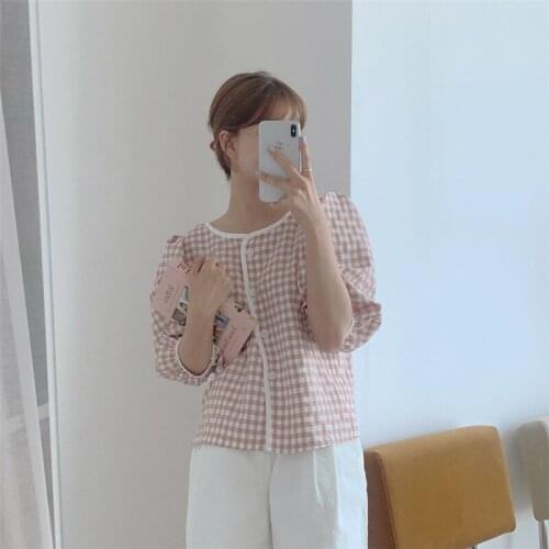 Korean style gentle cream pink round neck trim contrast cardigan shirt single-breasted loose short-sleeved plaid shirt