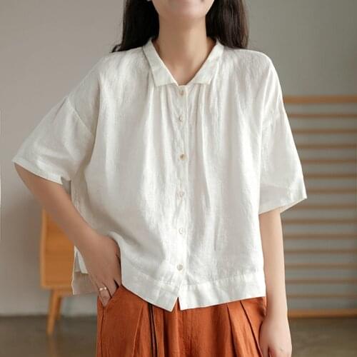 NINI WONDERLAND 2021 Summer Loose Linen Casual Short Shirt Women Short Sleeve Vintage Tops Solid Color Blouse Mori Girl Style