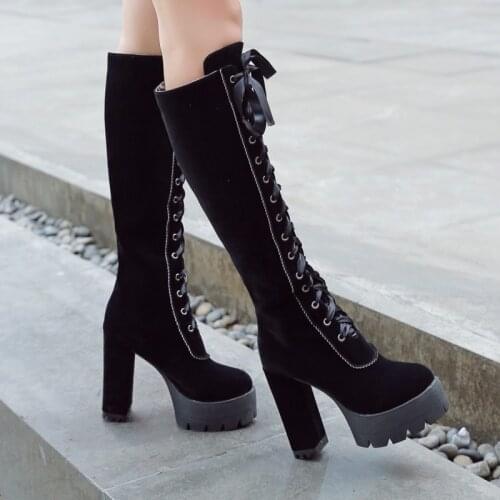 OLOMLB US4-11 Women Pointed Toe Thigh High Knee Boots Platform Lace Up Shoes Slim Fit Block Super High Heel Plus Size 3Color New