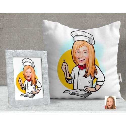 Personalized Female Chef Caricature Of Decorative pillow And Frame Gift Seti-12