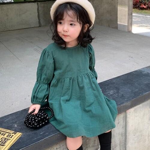Humor Bear Girls Dress New Autumn Puff -Sleeve Solid Color Loose Princess Dress Toddler Kids Clothes for 2-6Y