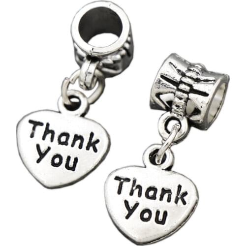 Thank You Heart Charm Beads 23.5x10.9mm 25pcs Zinc Alloy Fit European Bracelets Jewelry DIY B373