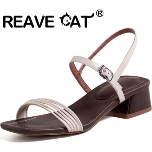REAVE CAT 2021 Genuine Leather Sandals Narrow Band Solid Open Toe Buckle Strap 3.5cm Chunky Heel Shoes US8 9 Apricot Beige A4268
