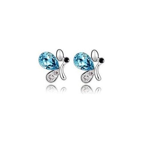 JS E028 Butterfly Earrings Gold And Silver Color Fashion Earrings 2014 Nickel Free Genuine Austria Crystal Stud Earrings