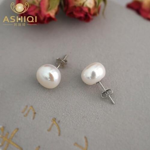 ASHIQI Natural Freshwater Pearl Stud Earrings 2021 Trendy for Women Real 925 Sterling Silver Jewelry Gift Wholesale