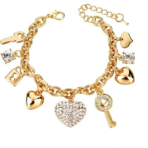 Funmode Charm Shiny Round Micro CZ Pave Heart Key Link Bracelets For Women Wedding Party Jewelry Wristband Bracelets FB55
