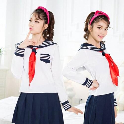 JK Cosplay White japanese School uniform 3 white bar Sailor collar sailor uniform shirt+skirt+Scarf