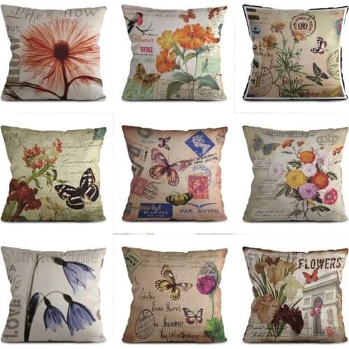 Nordic Vintage Cozy Couch Butterfly Floral Cushion Cover Stamp Ancient Buidling Print Printed Decorative Pillow Case 45x45cm