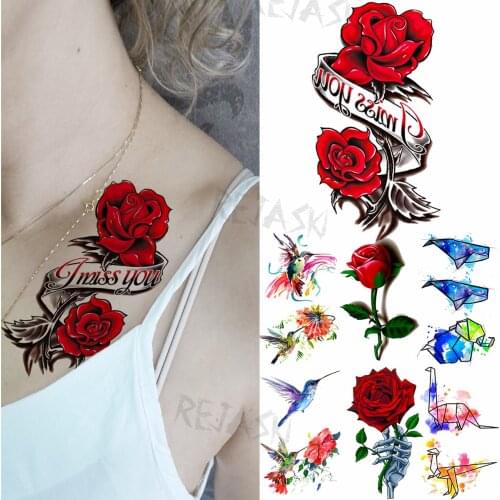 Color Rose Letters Sexy Chest Temporary Tattoos For Women Kids Hummingbird Animal Fake Tattoo Waterproof Body Art Painting Tatoo