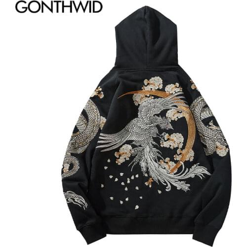 GONTHWID Harajuku Streetwear Hoodies Embroidery Dragon Phoenix Hooded Sweatshirts Hip Hop Pullover Hoodie Fashion Casual Tops