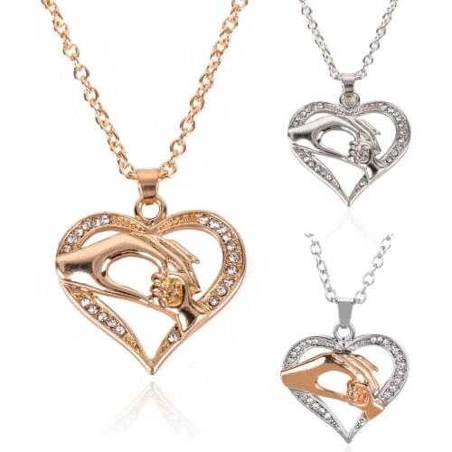 Vintage Collare Mother Child Necklaces Shellhard Crystal Hand in Hand Heart Shaped Pendant Necklace Love Family Jewelry Gift