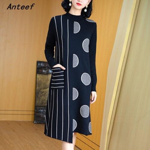 Long sleeve knitted vintage women causal loose midi autumn winter sweater dress elegant clothes 2021 ladies dresses