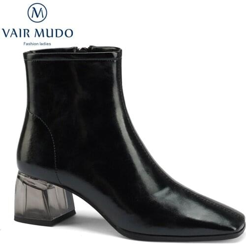 VAIR MUDO Women Ankle Modern Boots Shoes HIgh Heels White Black Brown Genuine Leather Concise Boots Women Shoes Square WM-X198-C