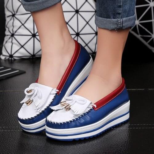 2021 Genuine Leather Shoes for Woman Slip On Wedges Flat Platform Shoes Woman Mixed Colors Casual Nurse Flats Plus Size