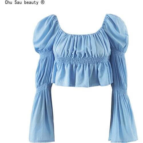 Chic French Vintage Style 2021 Summer New Holiday Square Collar Elastic Flare Sleeve Blouse Folds Short Women Crop Top Fashion
