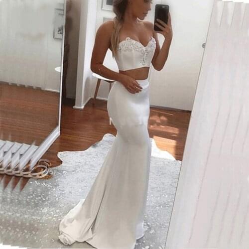 Charming Sweetheart Neck Mermaid Long 2019 Sexy Two Pieces Appliques Beaded Party Gowns Robe De Soiree Prom Dresses