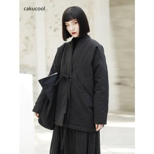 Cakucool Winter Sleeve Coat Women V-collar Femme Cotton-padded Hodded Collar Black Solid Color Bandage Thick Parkas Fashion