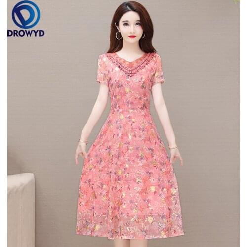 Casual V-neck Pink Floral Midi Dress for Women Short Sleeve Slim Female Ruched Chiffon Dress 2021 Summer Party Vestidos Dresses