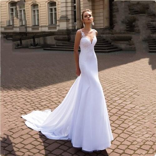 Sexy Mermaid Wedding Dress Satin Lace Applique Sheer Back Bride Gowns Scoop Neck Vintage 2021 White Bridal Dresses Chapel Train