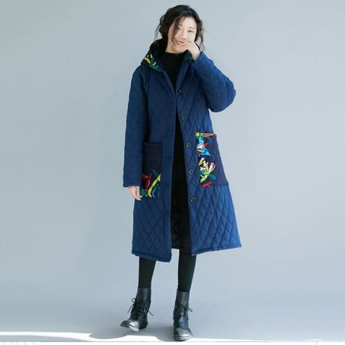 Womens 2020 Winter New Cotton Linen Thick Overcoat Large Size Color Matching Pocket Mid-Length Warm Padded Coat Female Q297