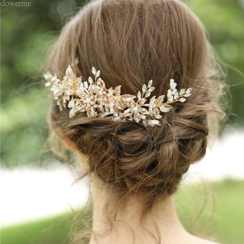 Gold Color Leaf Bridal Hair Comb Vintage Crystal Wedding Hair Jewelry Accessories Flower Women Headpiece