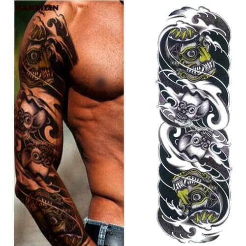 1 Piece Temporary Tattoo Sticker Skull Wave Devil Full Flower Tattoo with Arm Body Art Big Large Fake Tattoo Sticker