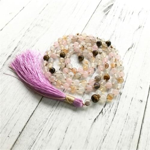 108 Mala Beads Necklace Natural Wind Shadow Agates Necklace Knotted Jewelry Rosequartz Tassel Meditation Necklaces Best Gift
