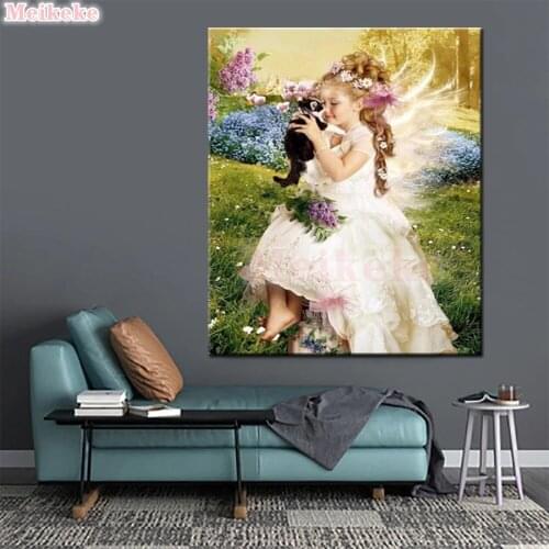 Full SquareRound Drill cat 5D DIY Diamond Painting Angel girl diamond Embroidery Cross Stitch 5D Home Decor Gift kit