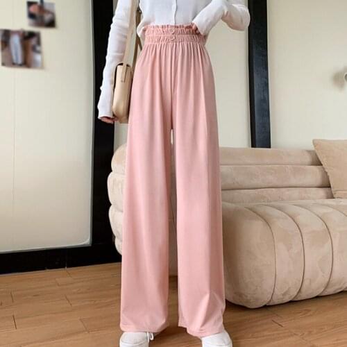 High Waist Wide Leg Pants Women Elastic Waist Casual Pantalones Korean Style Loose Solid Trouser Plus Size Pants