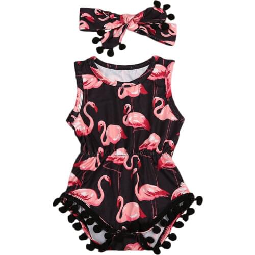 Baby Girl Fashion Flamingo Printed Bodysuit + Headband 0-24M Newborn Infant Toddler Summer Casual Tassels Romper Sunsuit Outfits