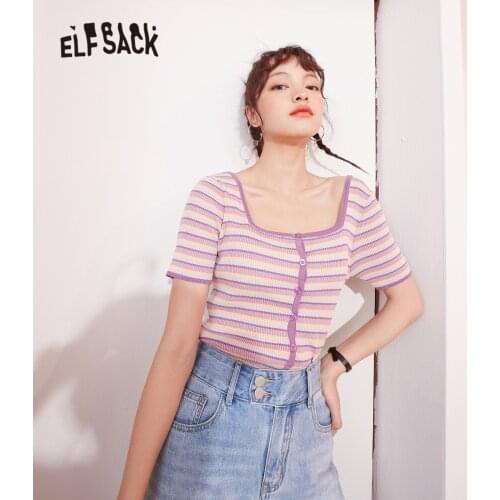 ELFSACK Striped Chic Single Breasted Knit Casual Women Cardigans 2021 Summer ELF Short Sleeve Basic Daily Skinny Knitwear