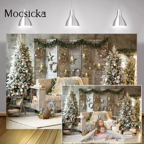Glitter Christmas Portrait Backdrop Winter Home Living Room Background Decorations Christmas Tree Gifts Stars Photography Studio