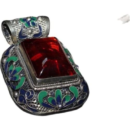 Chinese Old Craft Made Old Tibetan Silver Cloisonne Inlaid Zircon Pendant