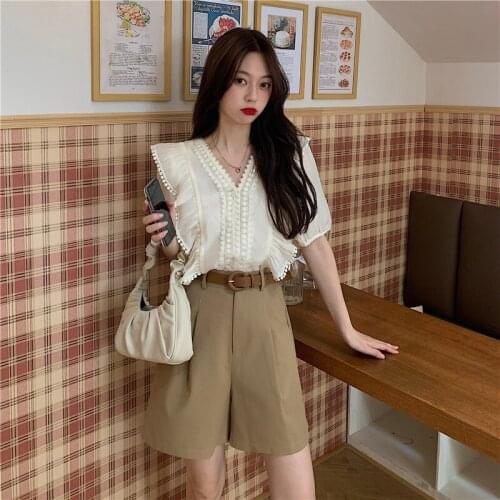 QOERLIN 2 Piece Shirts Shorts Sets Elegant Half Sleeve Ruffles Lace Blouse Women Loose High Waist Wide Leg Khaki Shorts Female