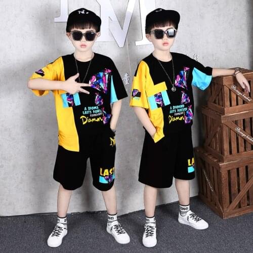 2Pcs Boys Hip-Hop Dance Suit Summer Outfits Big Children Casual Short-Sleeved T shirt Tops Shorts Tracksuit For 7 8 10 12 14 Yrs