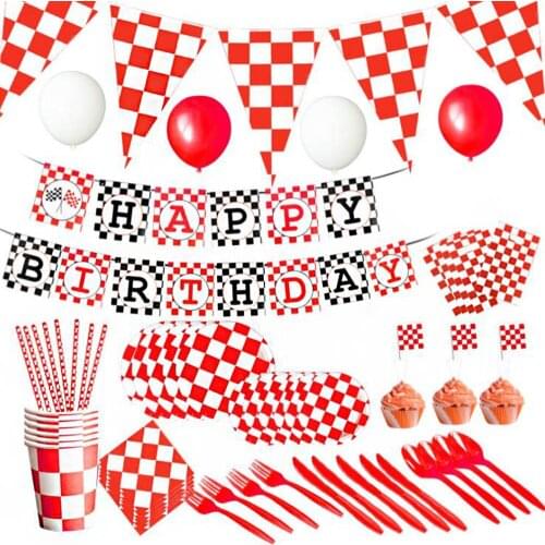 Red plaid tableware disposable plate paper towel flag happy birthday christmas decoration for baby shower