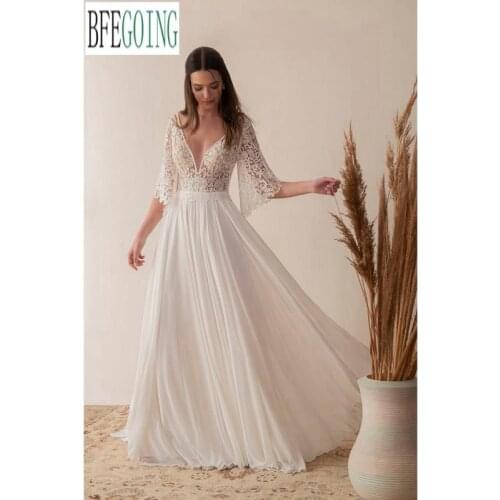 Ivory Lace Chiffon V-Neck Half Sleeves Floor-Length A-Line Wedding Dresses Court Train Custom Made Bridal Gowns