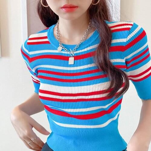 Summer Girls O-neck Knitted Short Sleeve Stretchy T-shirts Women Vintage Contrast Color Striped Tshirt Slim Crop Tops For Female