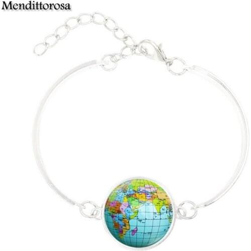 Mendittorosa World Map Silver Bracelet Bangle Glass Cabochon Bracelet Bangle For Women