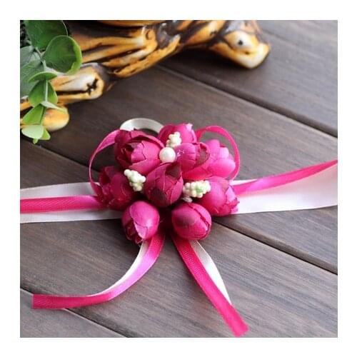 Bride Wrist Flower Wedding Boutonniere Purple Pink Rose Groom Groomsman Artificial Corsage Suit Decorative Accessories
