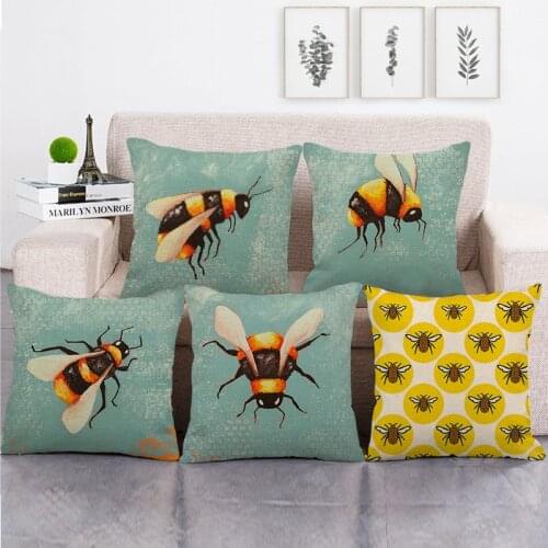 One Side Print Cushion Cover Linen Pillow Cover for Home Sofa Seat Throw Cases Cute Vintage Decoration 45X45cm Blue Color Bee