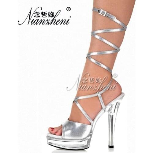 Sexy Roman Hollow Lace Up Silver Crystal Thin heels Sandals 5 inches Summer Cross dressing Stage Show 13cm Womens Pole Dance