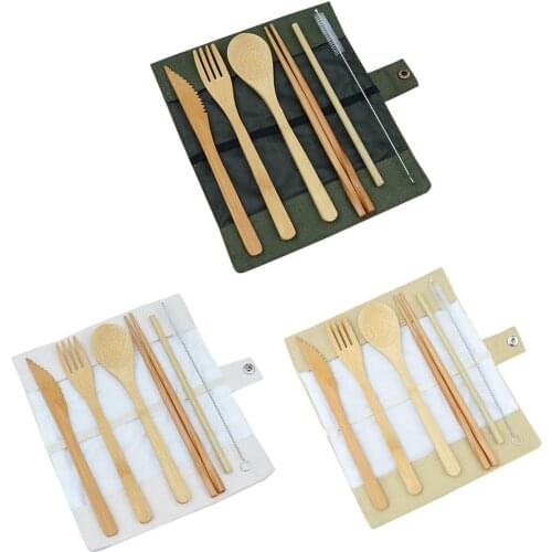 NEW Travel Camping Flatware Bamboo Cutlery Set Knife Fork Spoon Straw with Cloth Bag