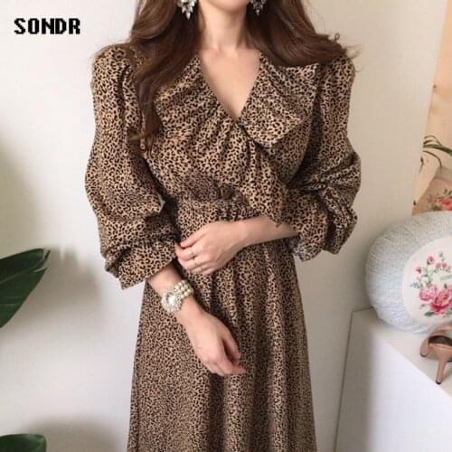 Vintage Leopard Print Dress 2020 Spring Autumn WomenS Clothing V-Neck Ruffle One-Piece Korean A-Line Dress WomenS Long Dress