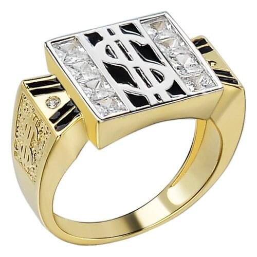 OTIY S925 Vintage Golden Black Enamel Square CZ Ring For Men Dollar Sign Party Wedding Engagement Male Rings Hip Hop Jewelry