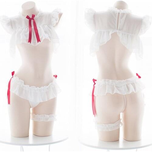 Japanese Sweet School Girl Lingerie Chiffon Lovely Pure White Underwear Tops Shorts Bracelet + Leg Ring Kawaii Lingerie Set
